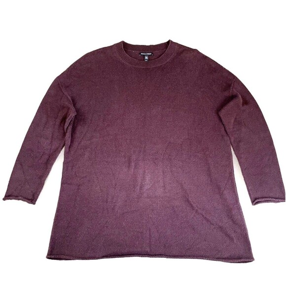 Eileen Fisher Sweaters - Eileen Fisher Crewneck Sweater Womens SMALL Deep Plum Purple Raw Hem 3/4 sleeve